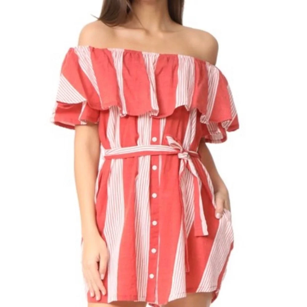 Faithfull the Brand Amalfi Rust-Red Striped Off-Shoulder Mini Dress • Size S - Picture 11 of 14